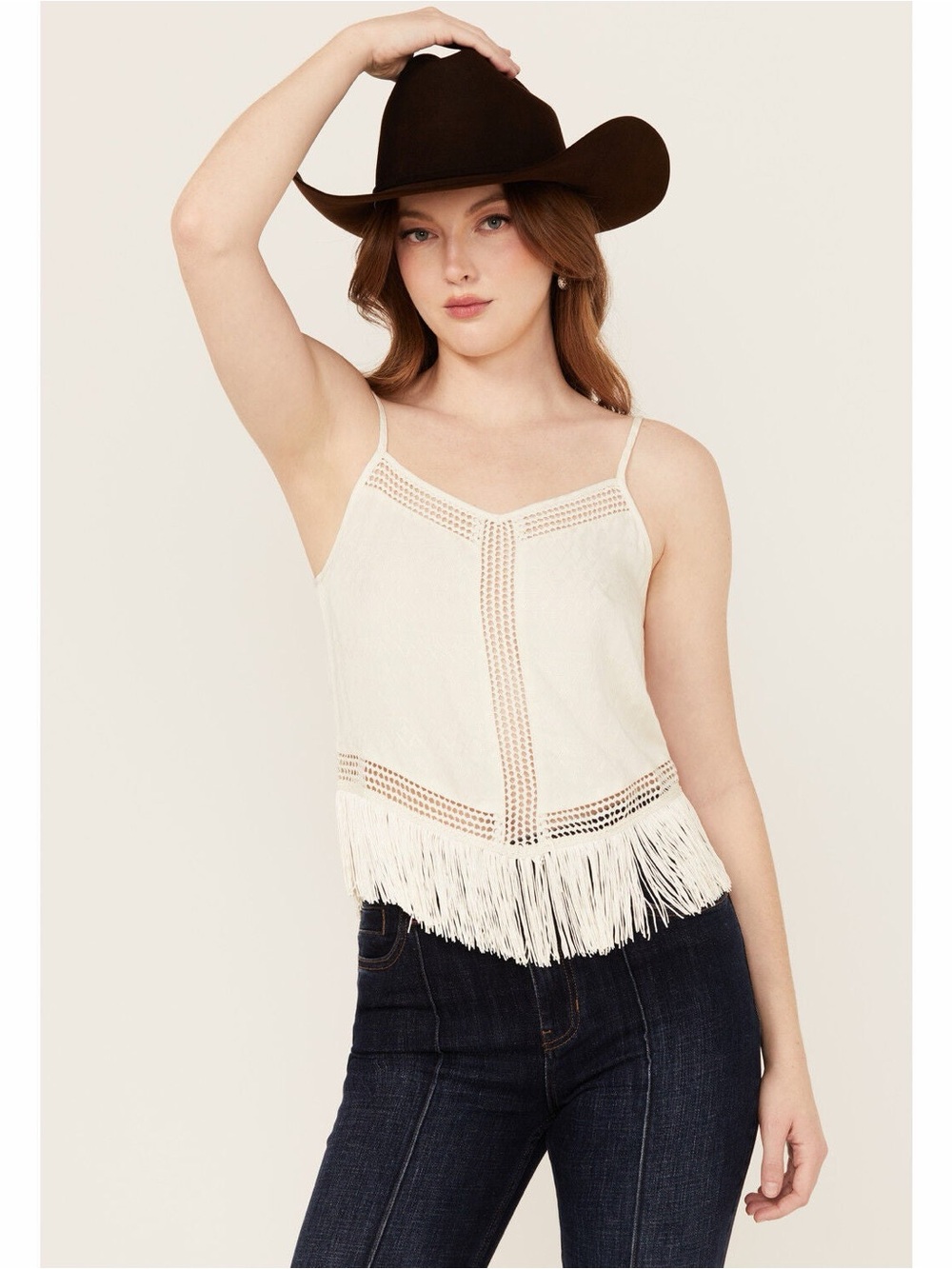 $45 NWOT IDYLLWIND WOMEN'S BRIARWICK JACQUARD FRINGE AND LACE TANK TOP ivory S